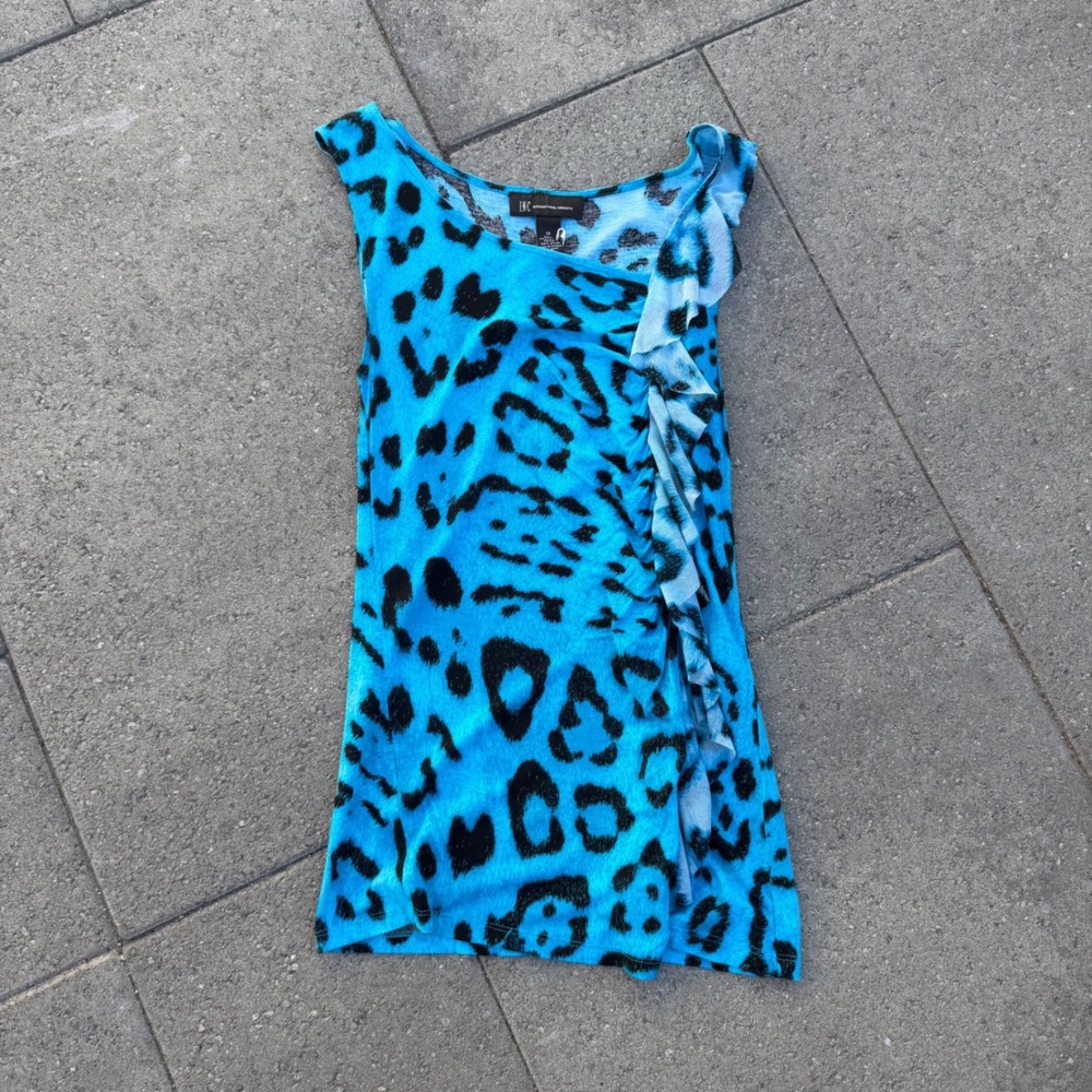 INC International Concepts Blue Leopard Print Ruffle Tank Top Medium